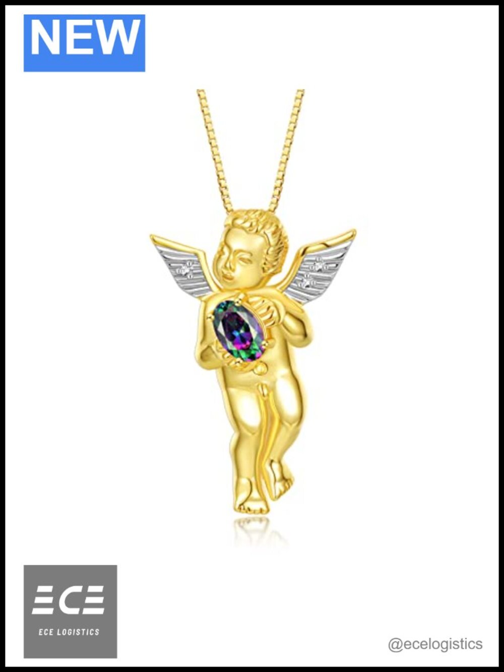 Rylos Guardian Angel Necklace 6X4MM Gemstone & Diamond 18" Yellow Gold Plated